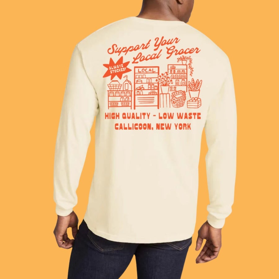 SUPPORT YOUR LOCAL ヘルズエンジェルスサポートtee 長袖　、 T-Shirt: Support Your Local Grocer Long-Sleeved | The Callicoon Pantry